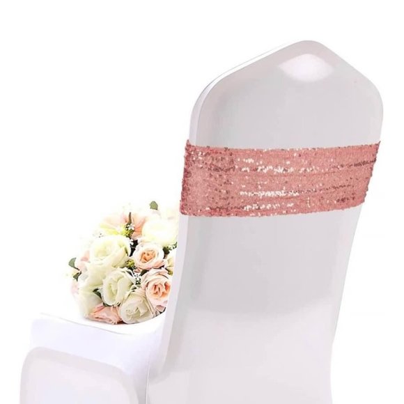 50 pieces | Rose Gold Sequin Chair Sashes Stretch Spandex Bands Sparkling - Picture 2 of 5